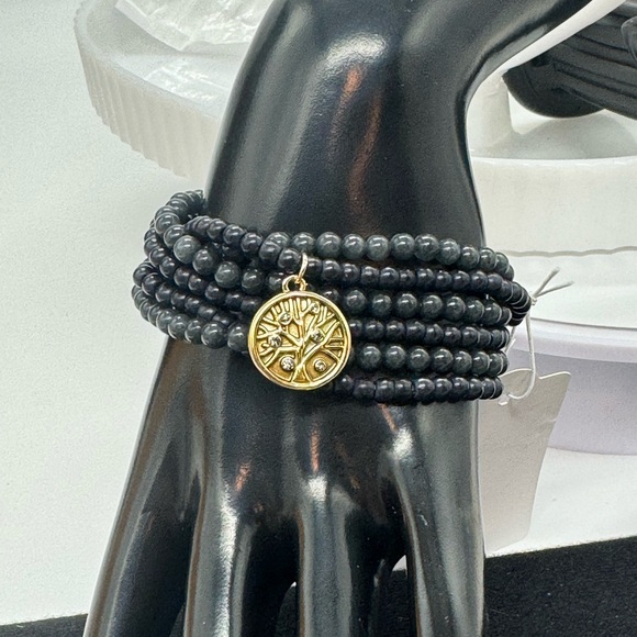 Set of 6 Stretch Black and Grey Beaded Bracelets with Tree Of Life Charm - Picture 10 of 13